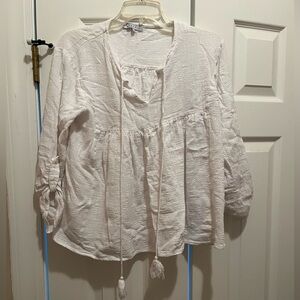 White linen top, tie front, sleeves can button shorter, size large